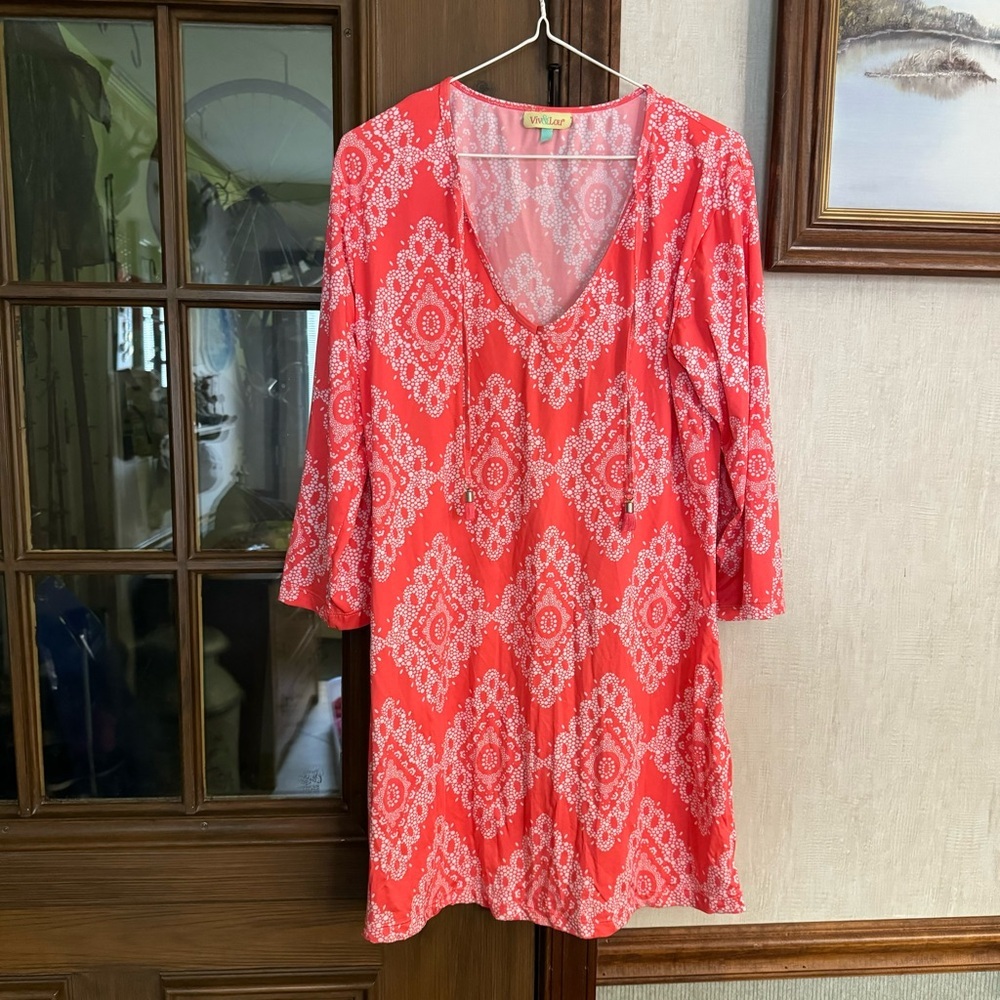Viv & Lou Coral and White Midi Dress